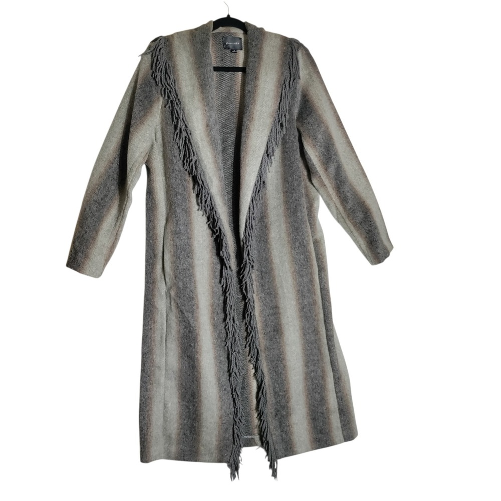 Line and Dot Gray Striped Fringe Wool Blend Long Cardigan Coat LJ9529B Small